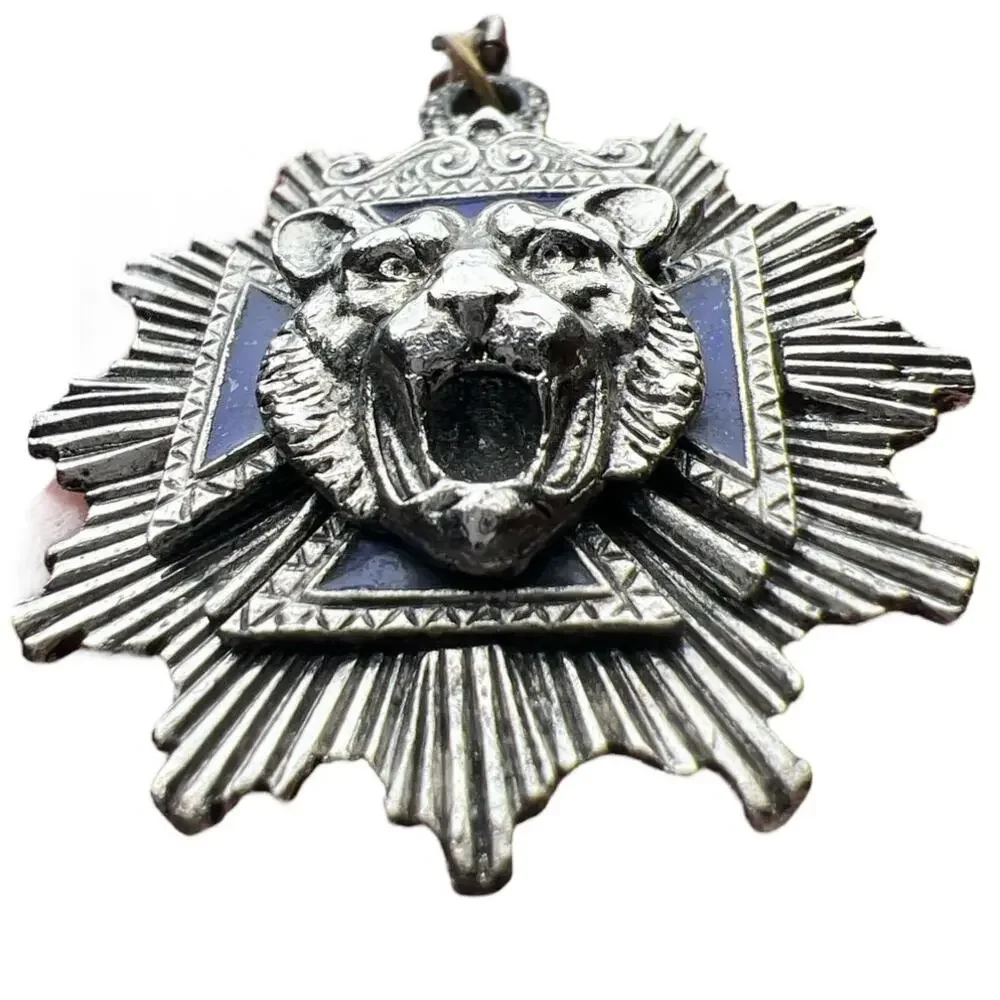 Vintage Roaring Tiger Pendant Necklace Blue Maltese Cross Silver Unsigned Unique